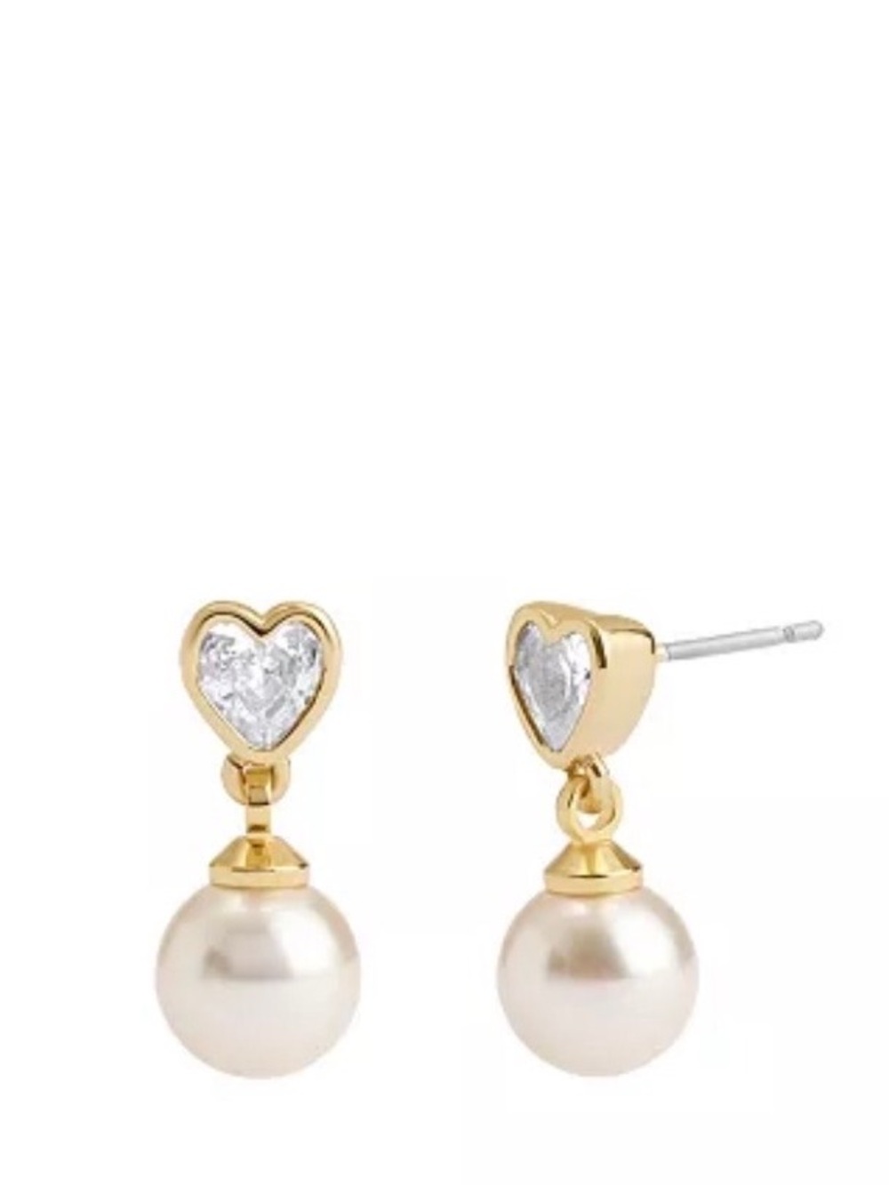 NWT Coach Gold Heart CZ and Faux Pearl Drop Earrings - Gold, Ivory - Picture 1 of 4